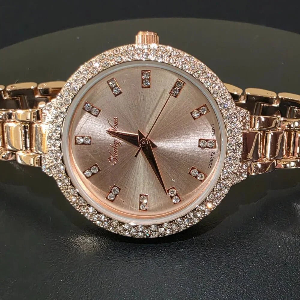 Voulez Vous Rose Gold Pink Crystal Accent Narrow Band Womens Wrist Watch New Bat